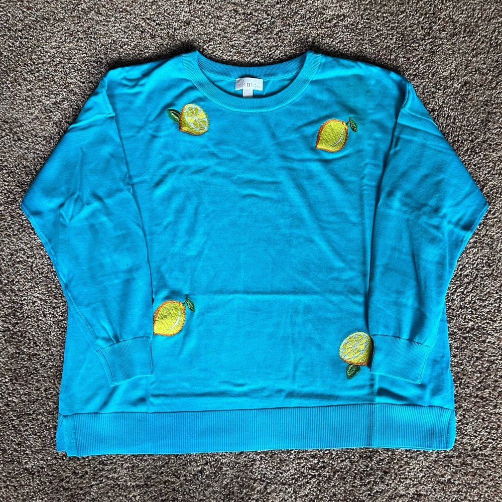 Belle by Kim Gravel Teal Crewneck Sweater with Yellow Lemon Embroidery